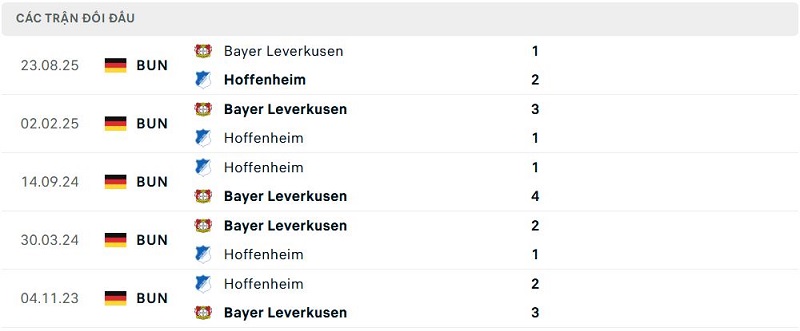Lịch sử đối đầu Hoffenheim vs Bayer Leverkusen